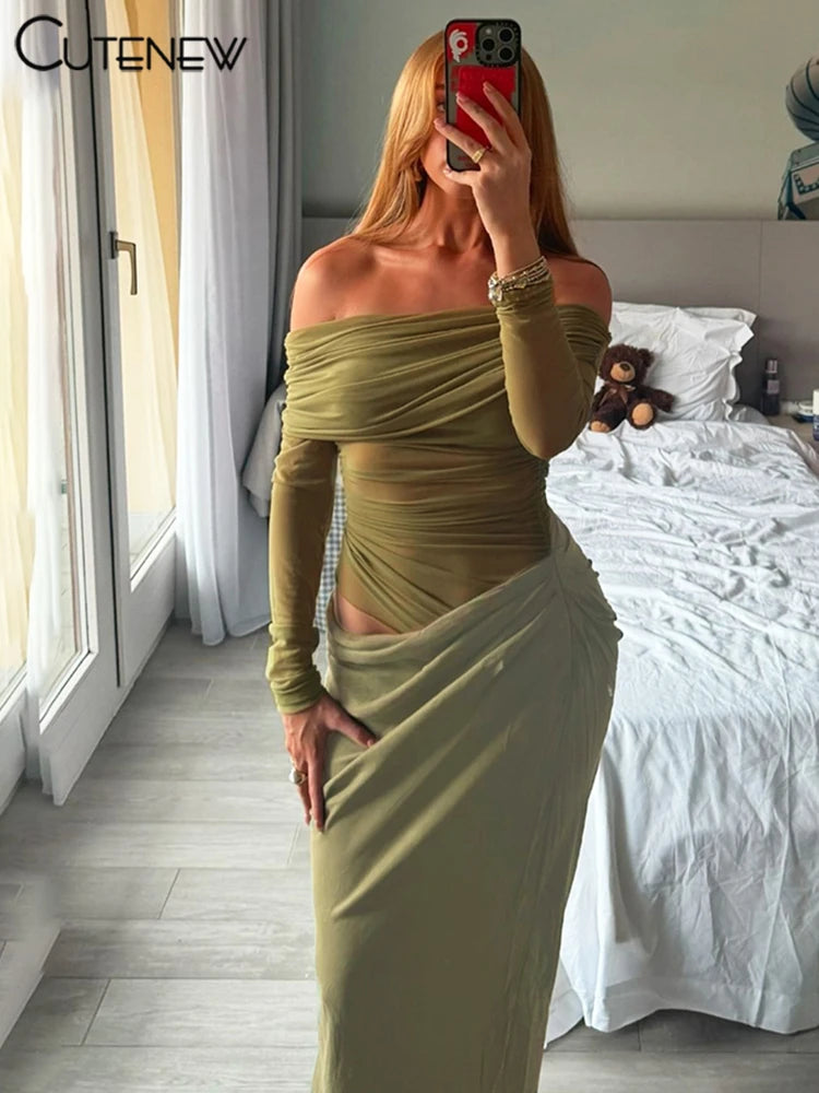 Off-Shoulder Sheer Panel Bodycon Maxi Dress
