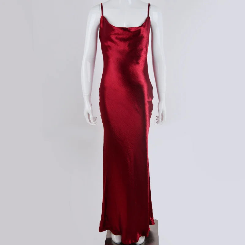 Satin Cowl Neck Spaghetti Strap Maxi Dress