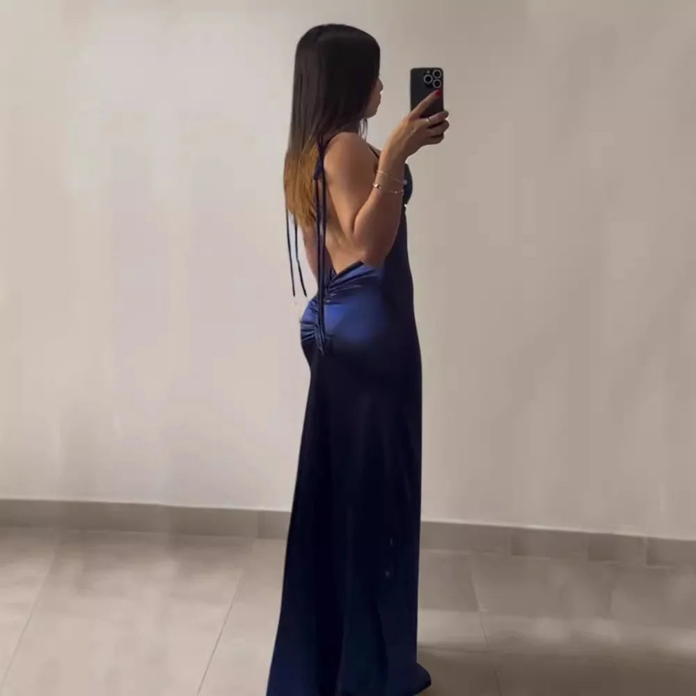 Satin High-Slit Ruffle Evening Dress