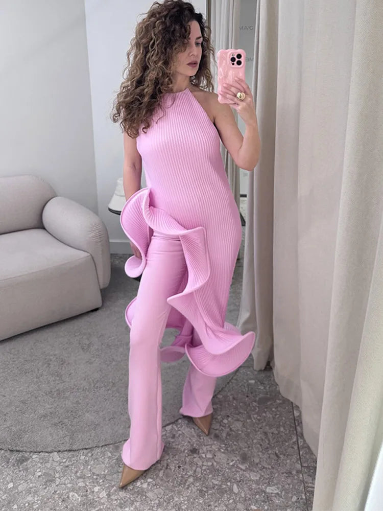 High-Neck Sculpted Ruffle Slit Midi Dress