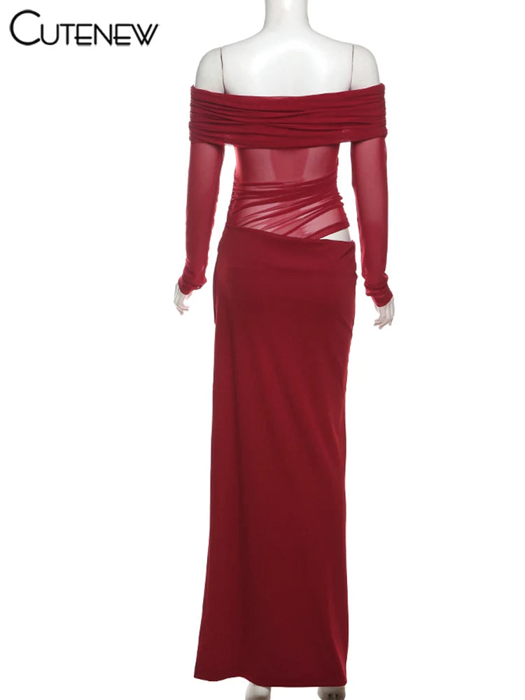 Off-Shoulder Sheer Panel Bodycon Maxi Dress