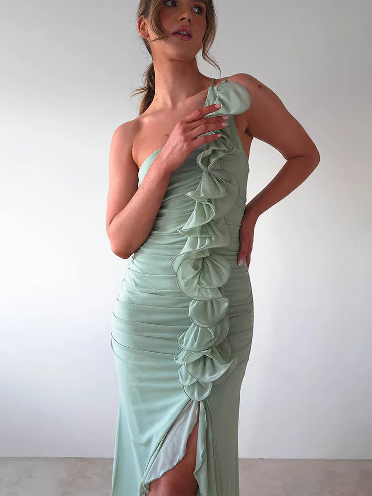 One-Shoulder Ruffle Ruched Midi Dress