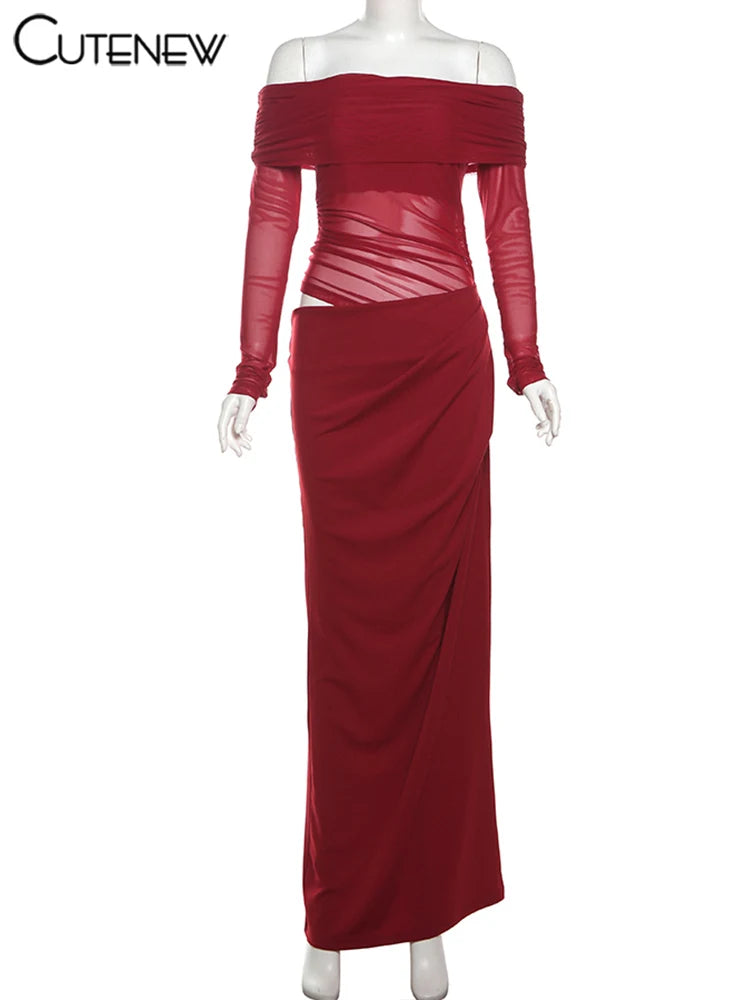 Off-Shoulder Sheer Panel Bodycon Maxi Dress