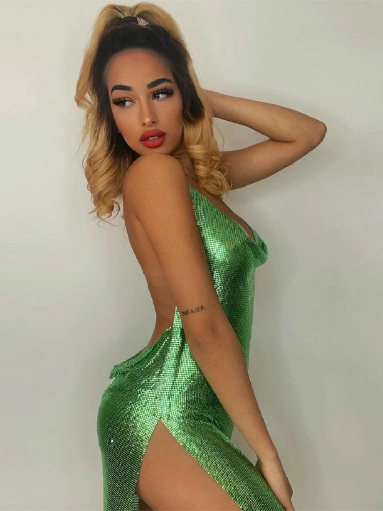 Sequin Drape Halter Mini Dress
