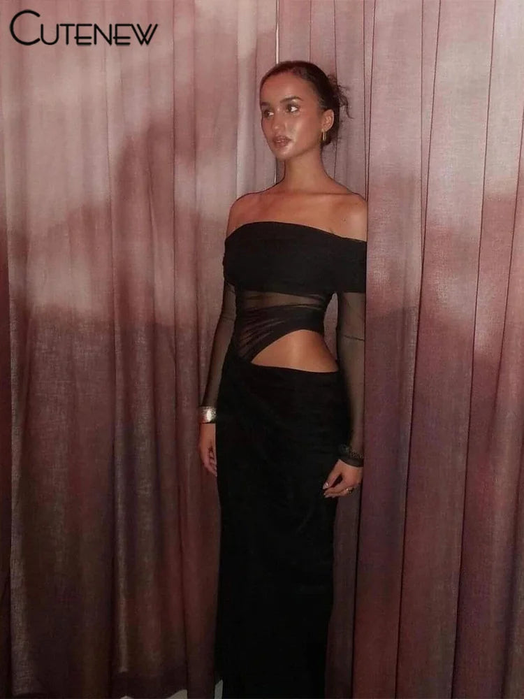 Off-Shoulder Sheer Panel Bodycon Maxi Dress