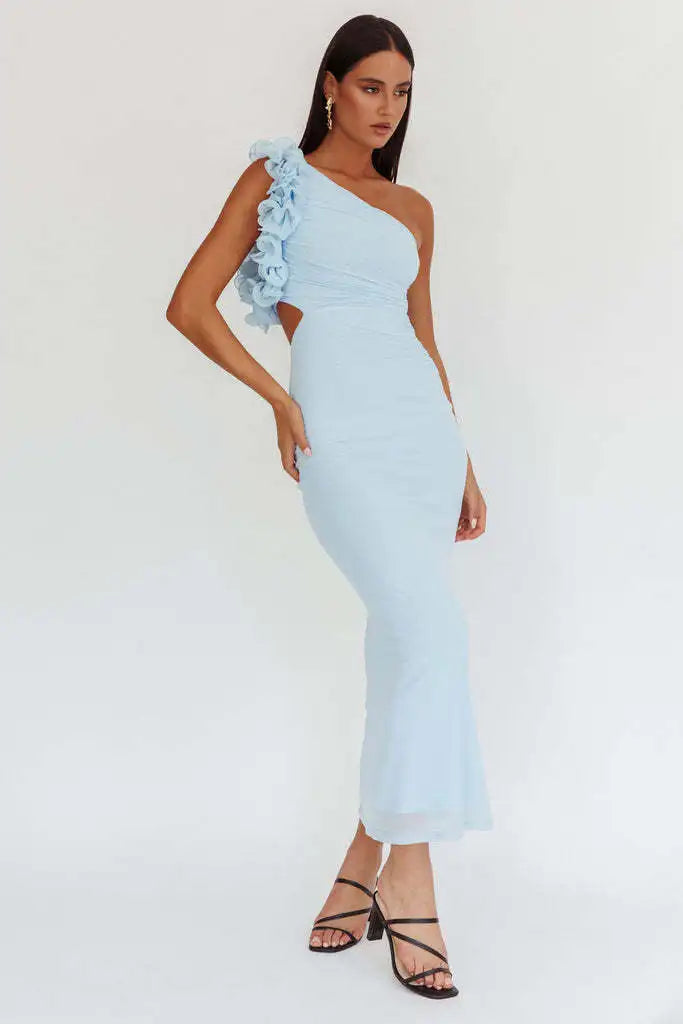 One-Shoulder Floral Appliqué Bodycon Midi Dress