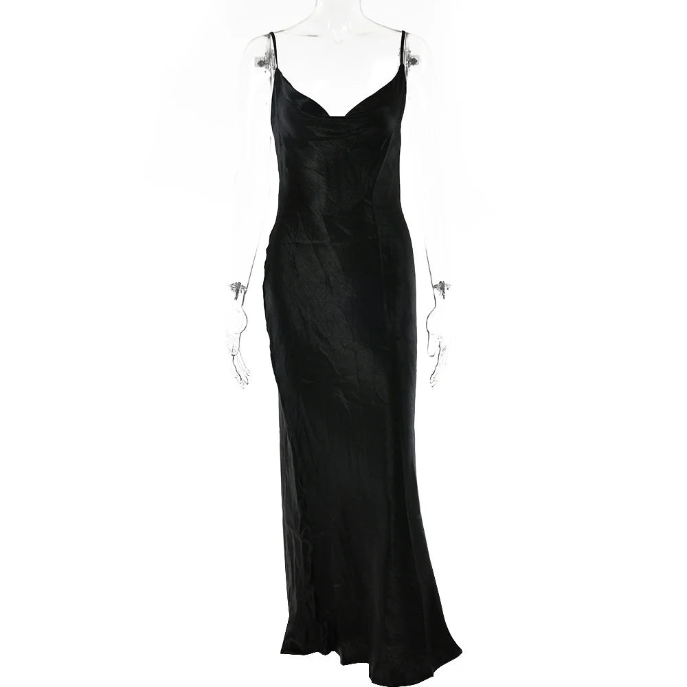 Satin Cowl Neck Spaghetti Strap Maxi Dress