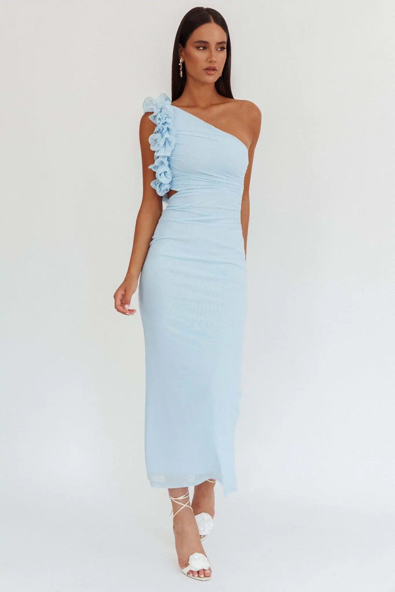 One-Shoulder Floral Appliqué Bodycon Midi Dress