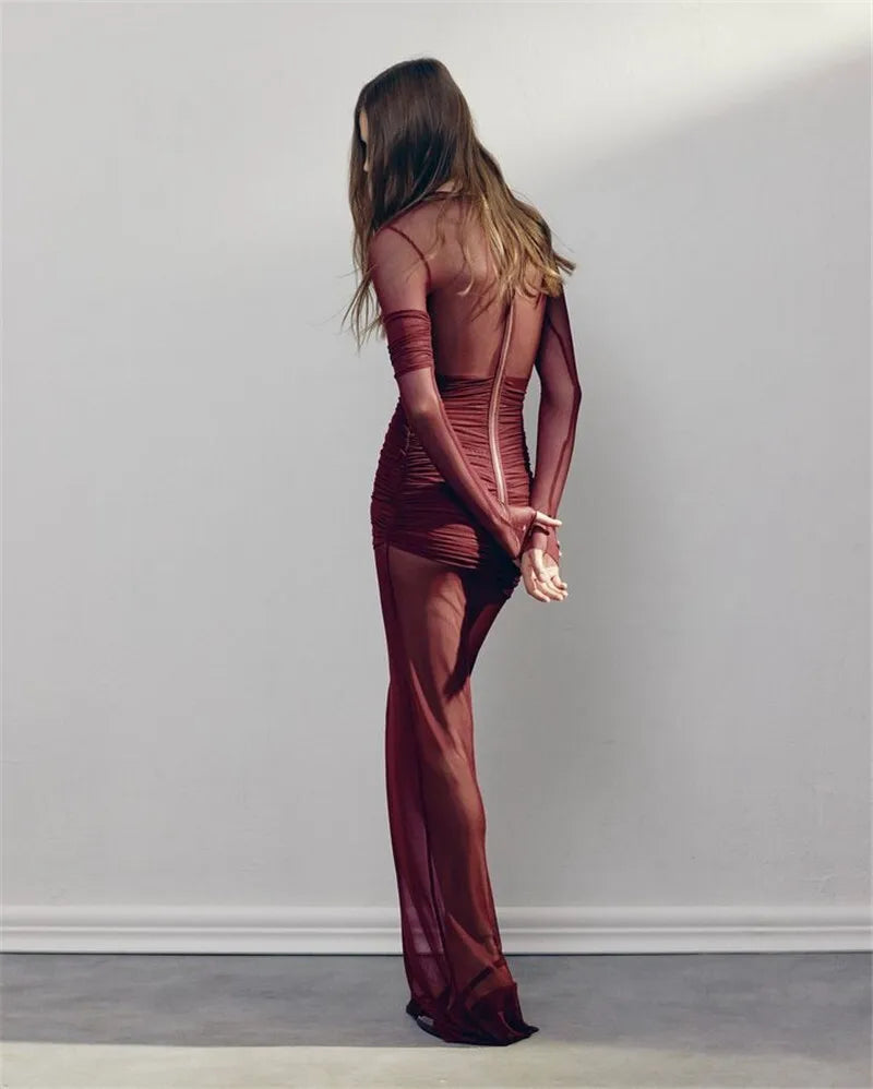 "Oceanus" Sheer Chiffon Maxi Dress – Flowing Fabric & Dramatic Gold Accents