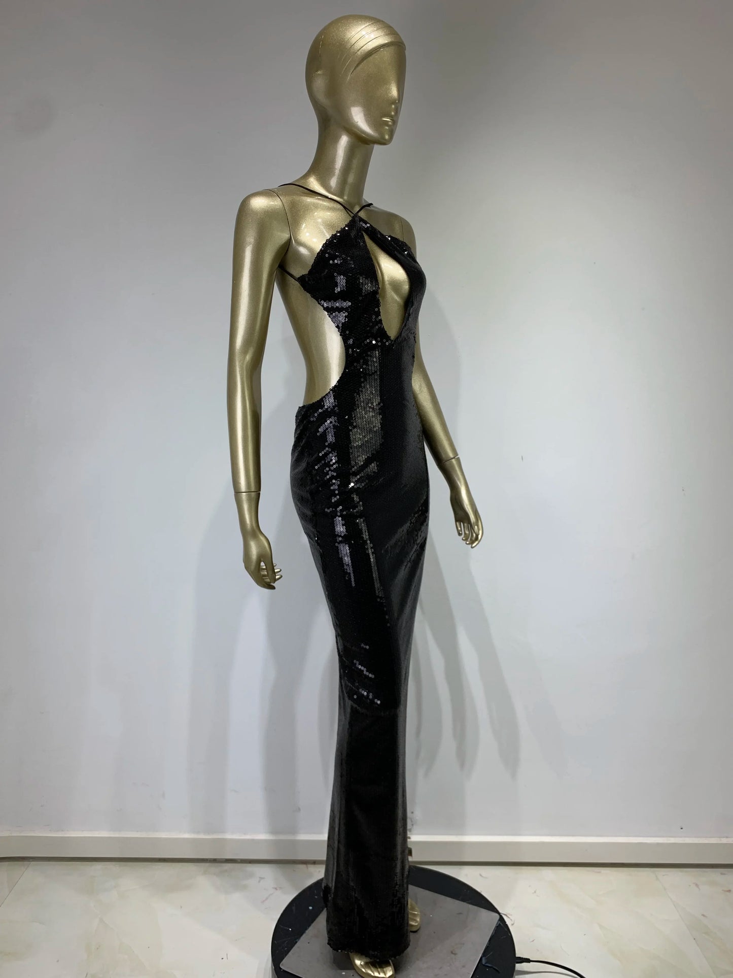 Sequin Halter Plunge Backless Evening Gown