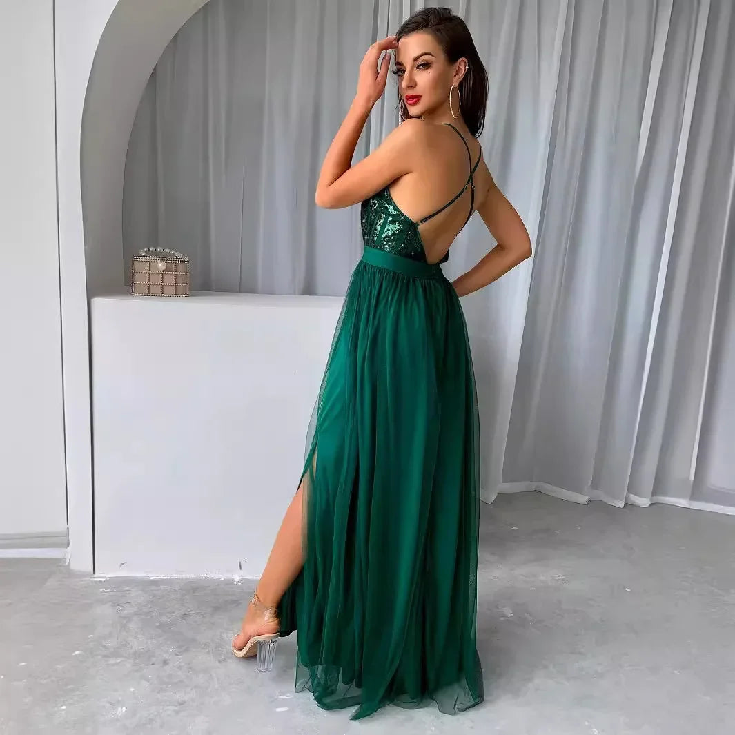 Sequin Bodice Open-Back Maxi Dress