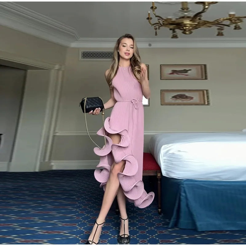 High-Neck Sculpted Ruffle Slit Midi Dress