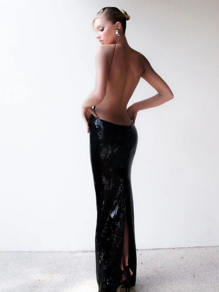 Sequin Halter Plunge Backless Evening Gown