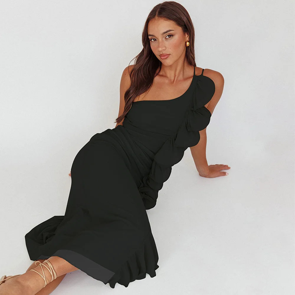 One-Shoulder Ruffle Ruched Midi Dress