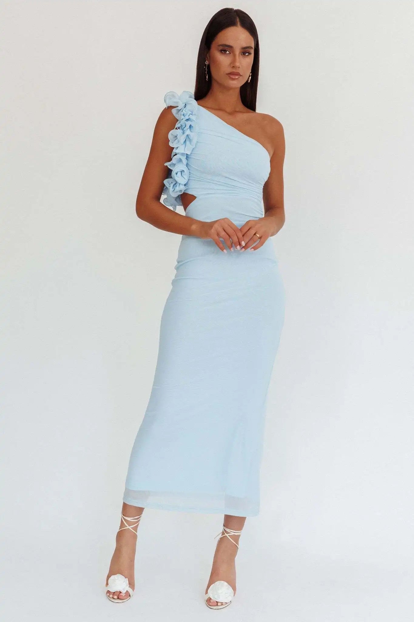 One-Shoulder Floral Appliqué Bodycon Midi Dress