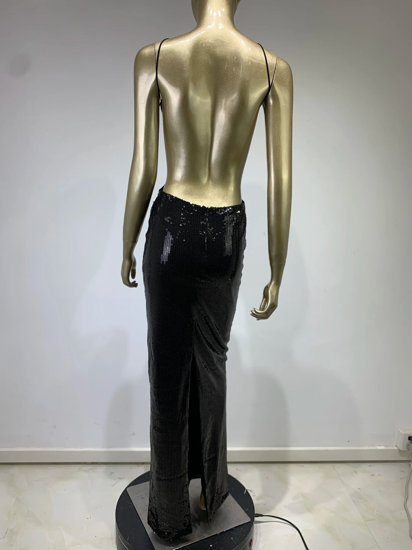 Sequin Halter Plunge Backless Evening Gown