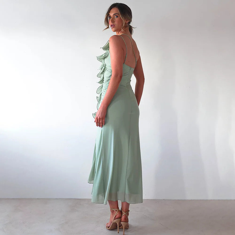One-Shoulder Ruffle Ruched Midi Dress