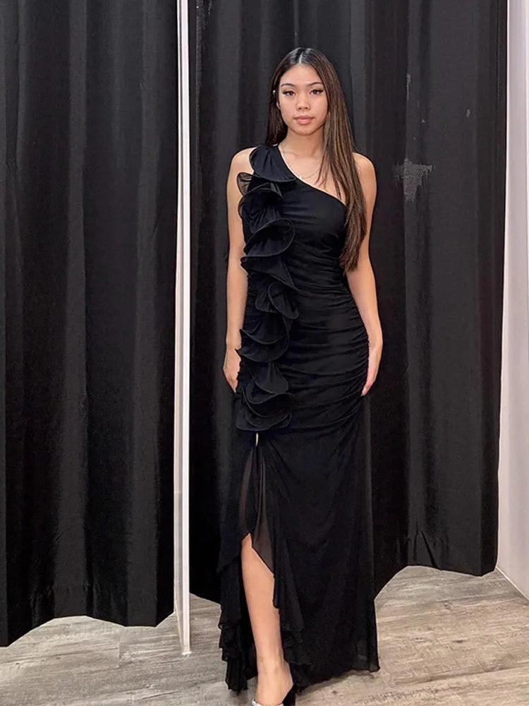 One-Shoulder Ruffle Ruched Midi Dress