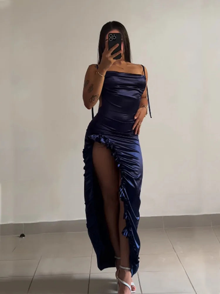 Satin High-Slit Ruffle Evening Dress