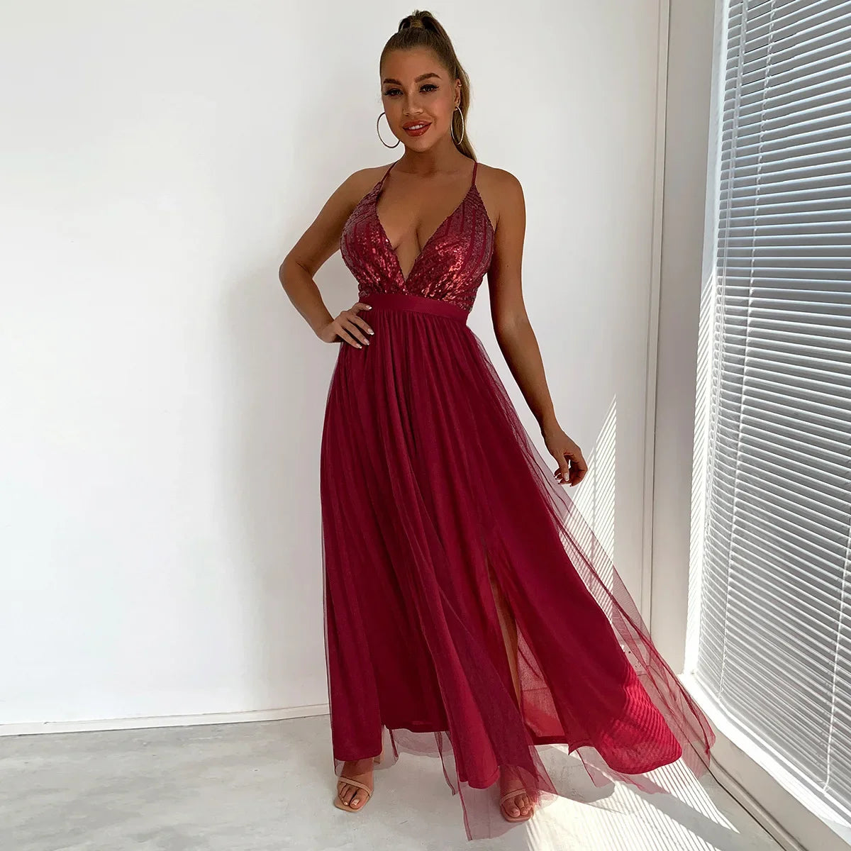 Sequin Bodice Open-Back Maxi Dress