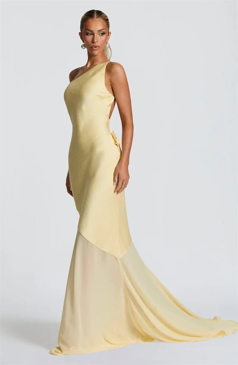 One-Shoulder Sheer Panel Mermaid Gown