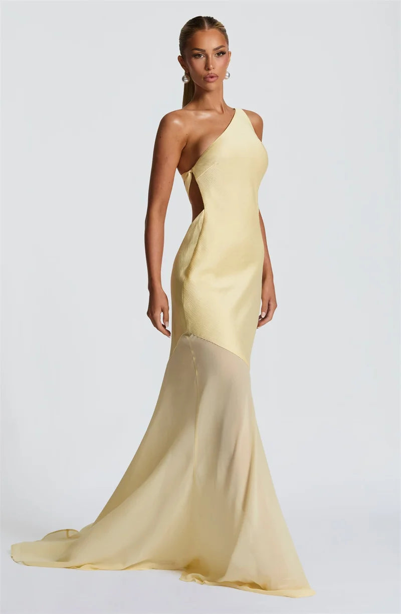 One-Shoulder Sheer Panel Mermaid Gown