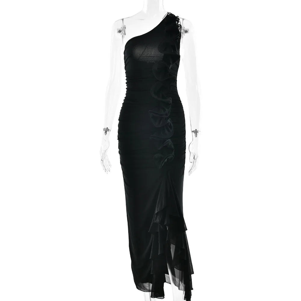 One-Shoulder Ruffle Ruched Midi Dress