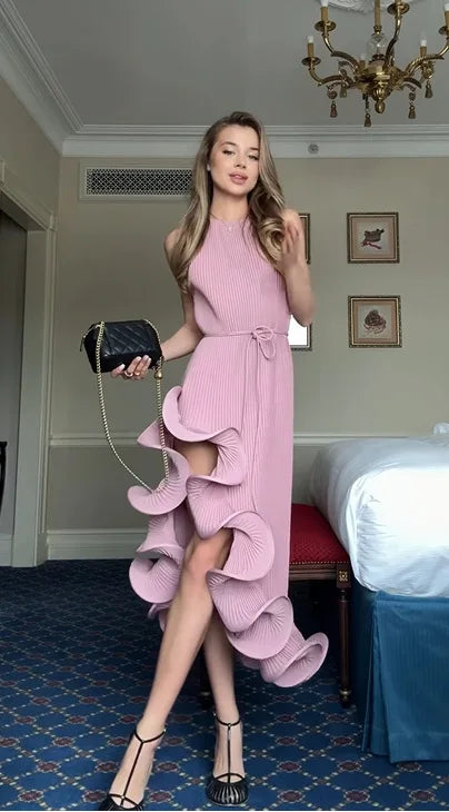 High-Neck Sculpted Ruffle Slit Midi Dress