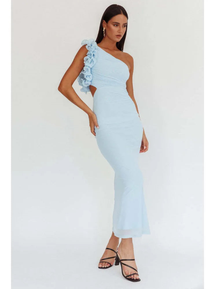 One-Shoulder Floral Appliqué Bodycon Midi Dress