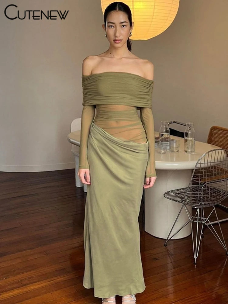 Off-Shoulder Sheer Panel Bodycon Maxi Dress