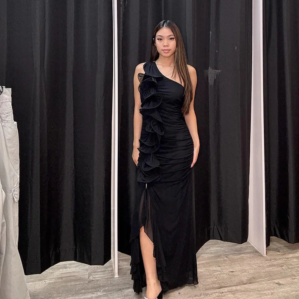 One-Shoulder Ruffle Ruched Midi Dress