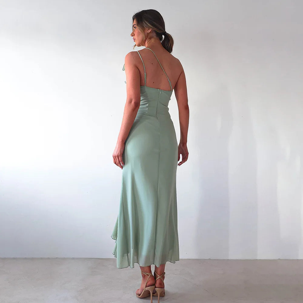 One-Shoulder Ruffle Ruched Midi Dress