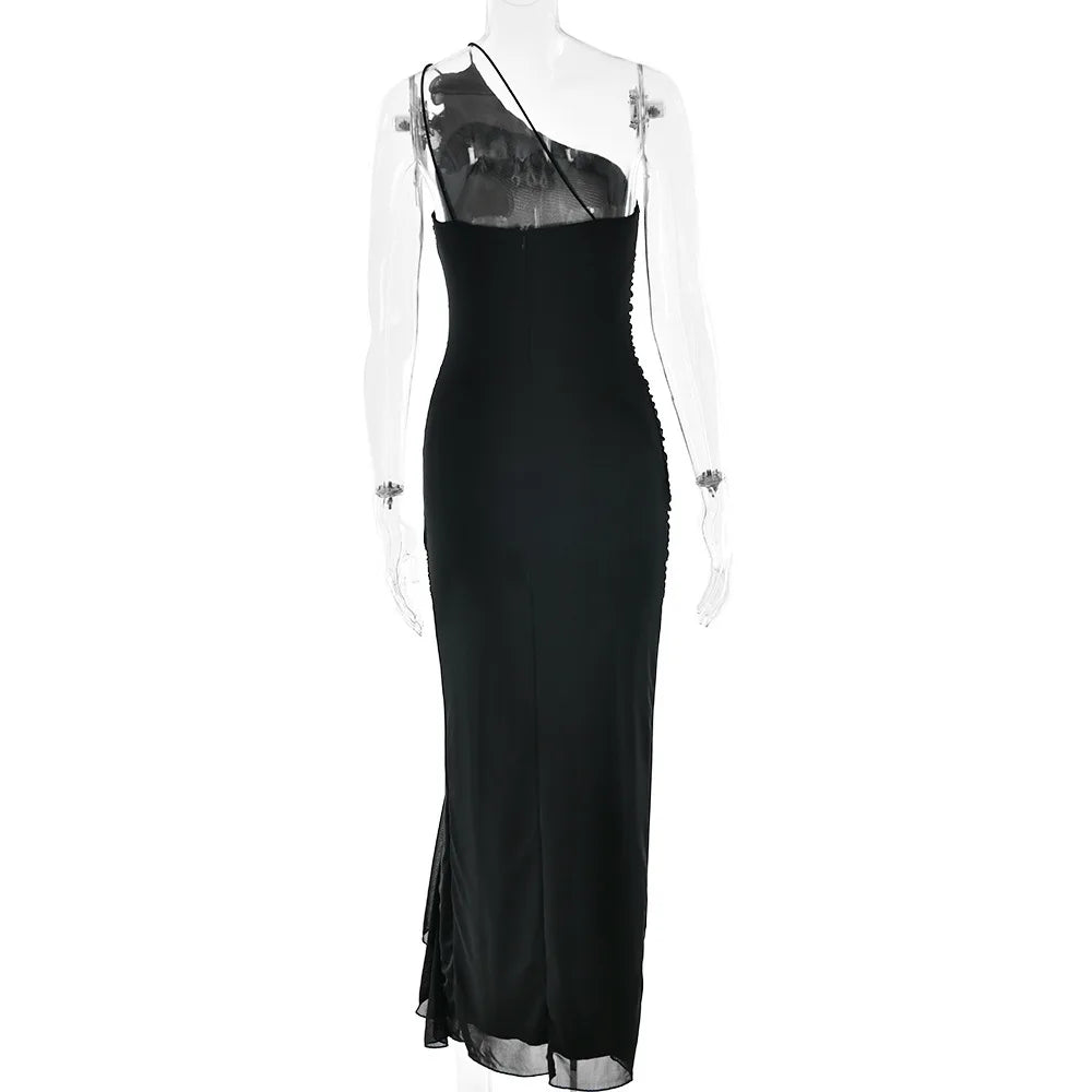 One-Shoulder Ruffle Ruched Midi Dress