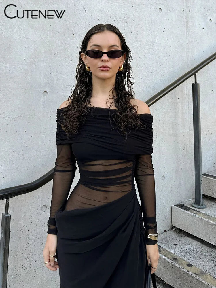 Off-Shoulder Sheer Panel Bodycon Maxi Dress