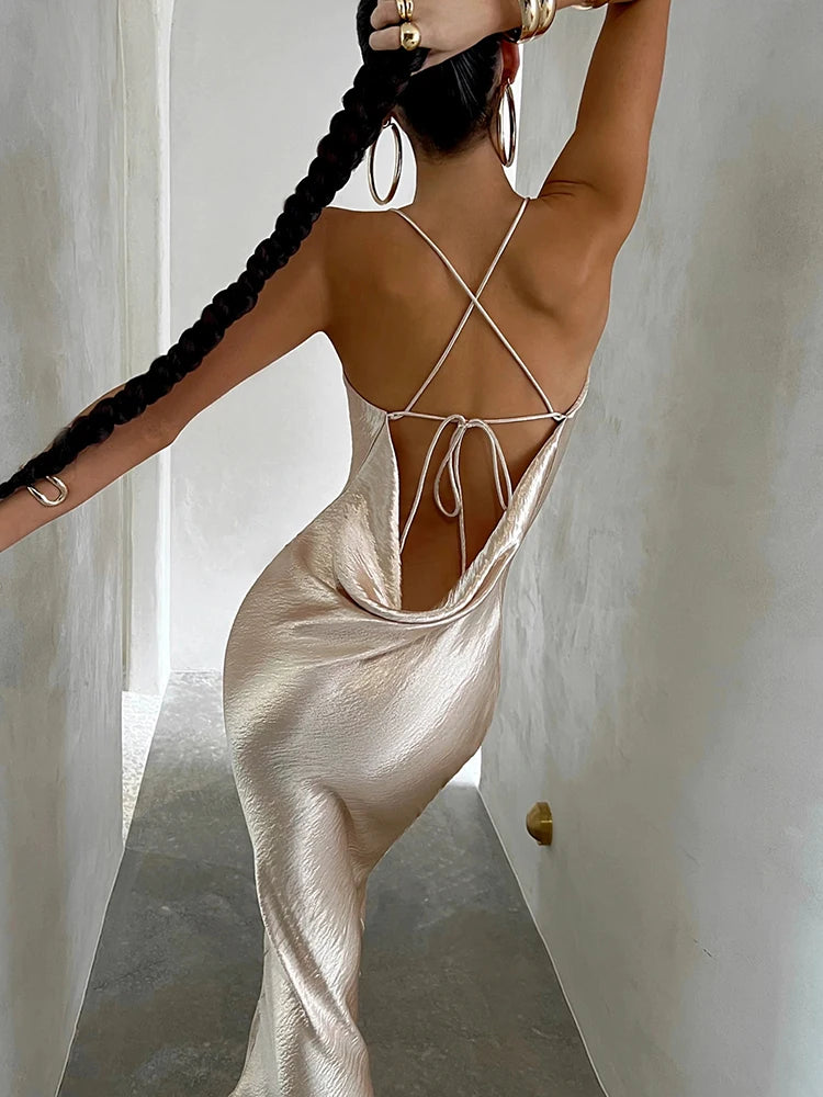 Satin Cowl Neck Spaghetti Strap Maxi Dress