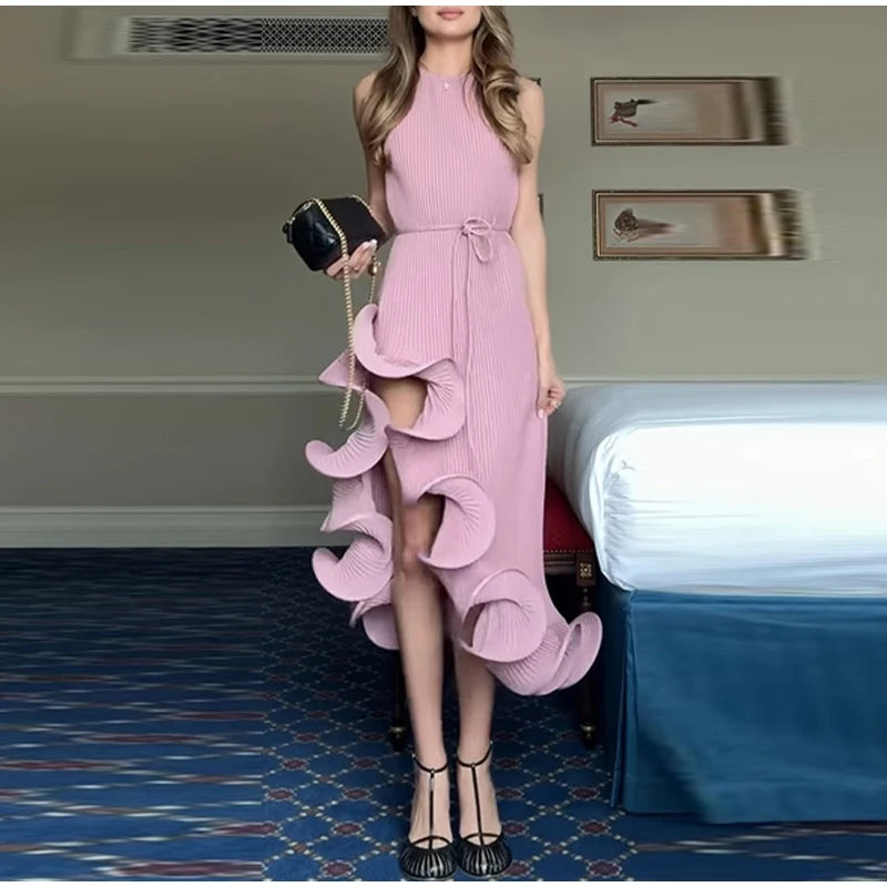 High-Neck Sculpted Ruffle Slit Midi Dress