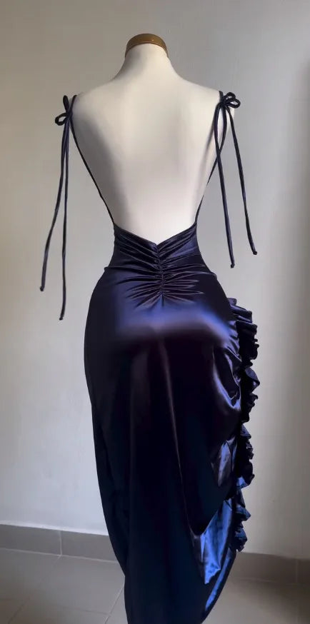 Satin High-Slit Ruffle Evening Dress