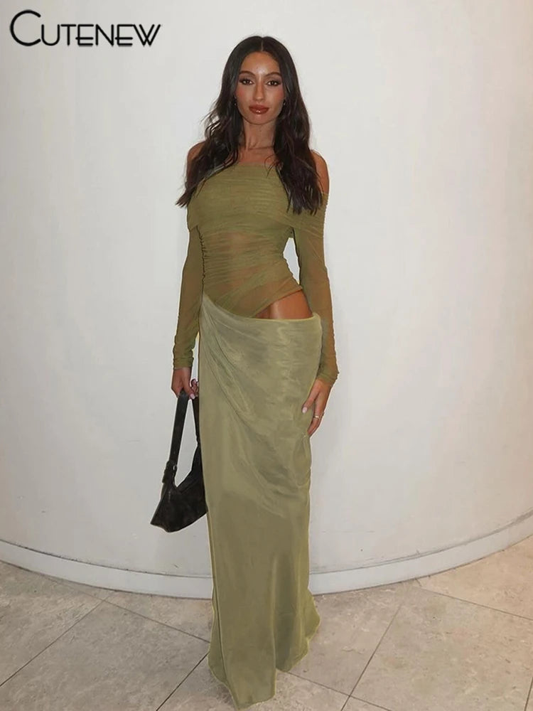 Off-Shoulder Sheer Panel Bodycon Maxi Dress