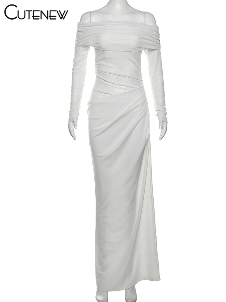 Off-Shoulder Sheer Panel Bodycon Maxi Dress