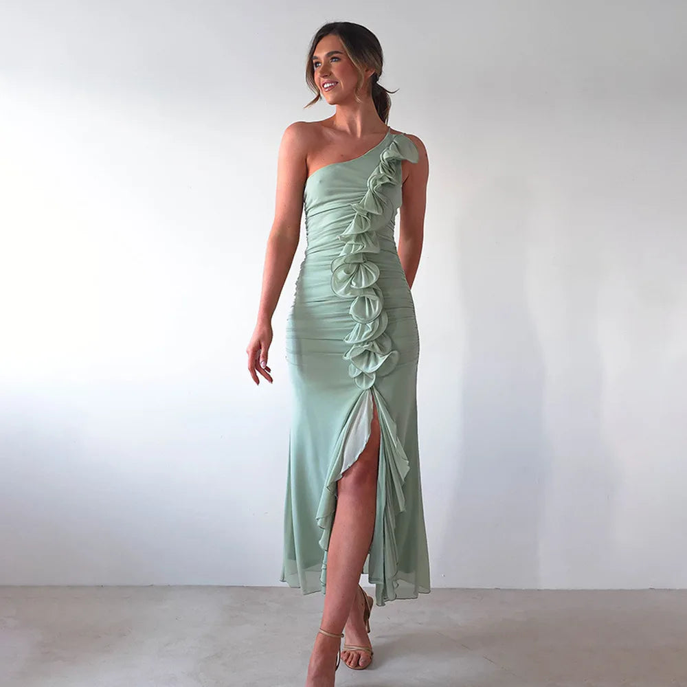 One-Shoulder Ruffle Ruched Midi Dress