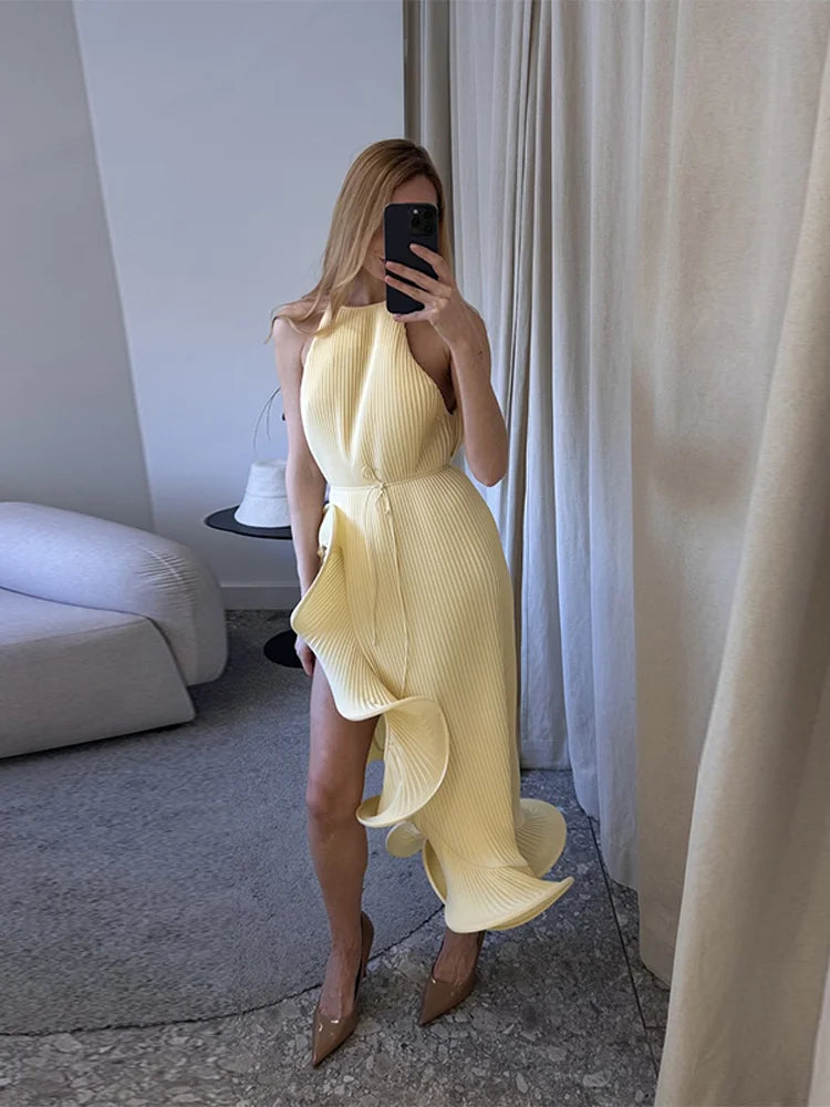 High-Neck Sculpted Ruffle Slit Midi Dress