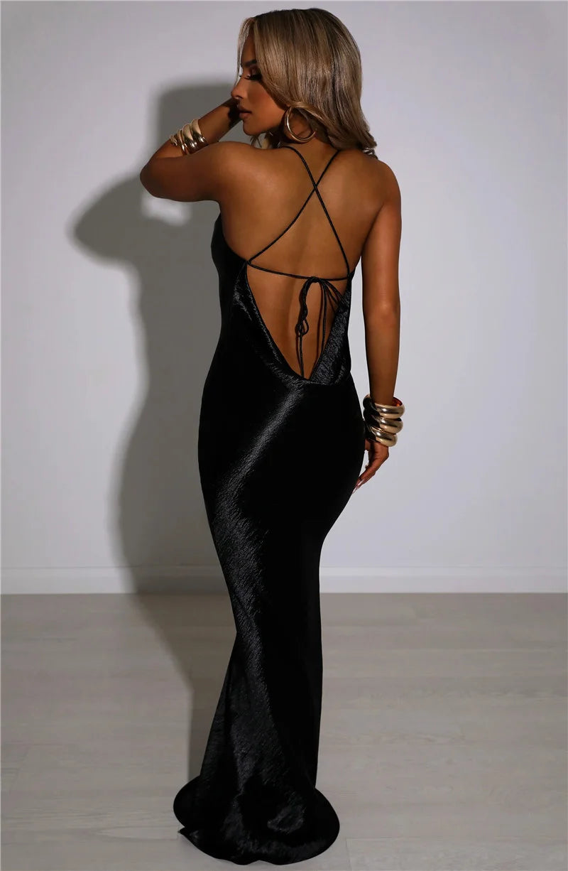 Satin Cowl Neck Spaghetti Strap Maxi Dress