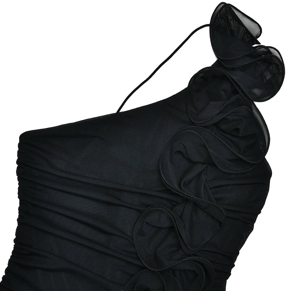One-Shoulder Ruffle Ruched Midi Dress