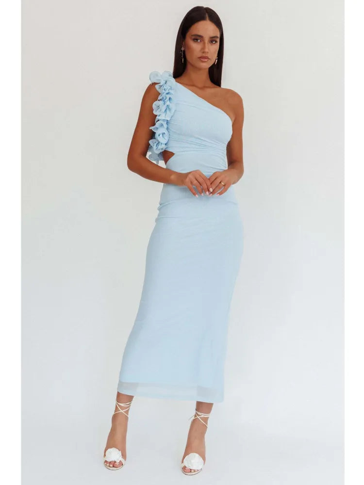 One-Shoulder Floral Appliqué Bodycon Midi Dress