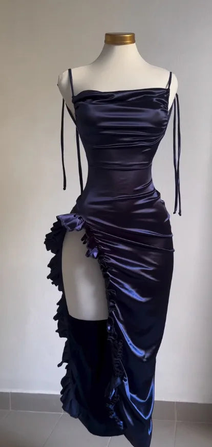 Satin High-Slit Ruffle Evening Dress