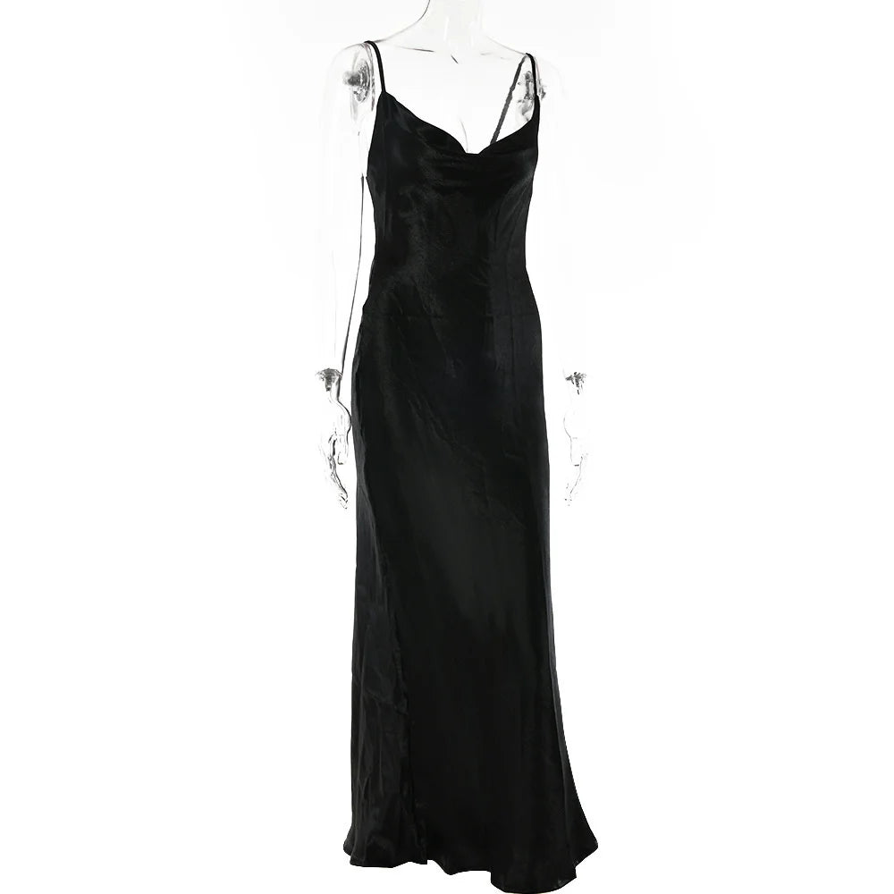 Satin Cowl Neck Spaghetti Strap Maxi Dress