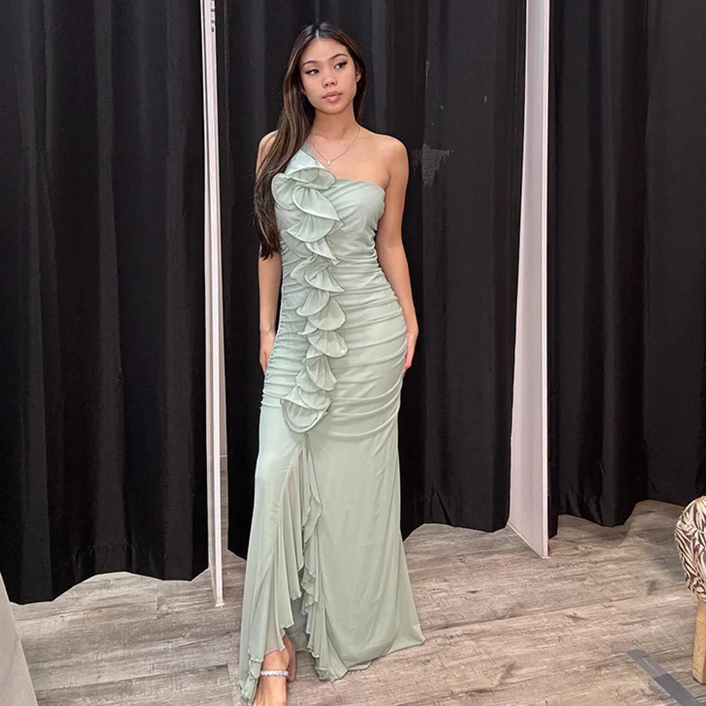 One-Shoulder Ruffle Ruched Midi Dress