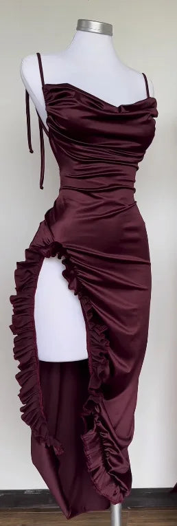 Satin High-Slit Ruffle Evening Dress