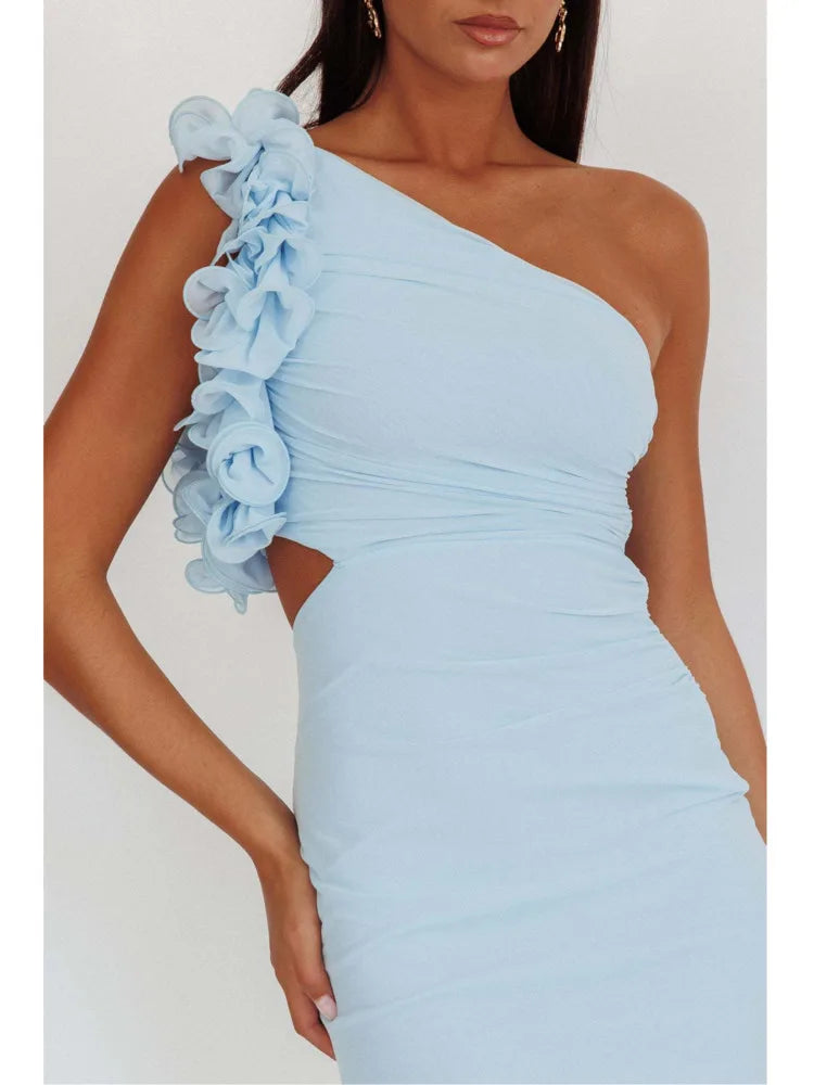 One-Shoulder Floral Appliqué Bodycon Midi Dress