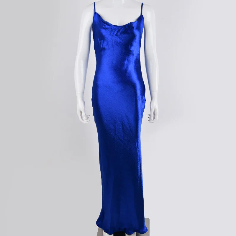 Satin Cowl Neck Spaghetti Strap Maxi Dress